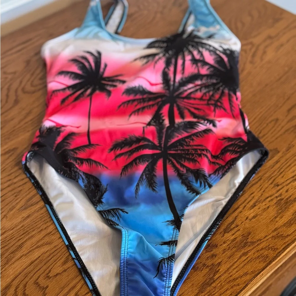 SHEIN BRAND, Women’s Sz (S) One-Piece Tropical Palm Tree Swimsuit - Pink & Blue - Picture 1 of 10